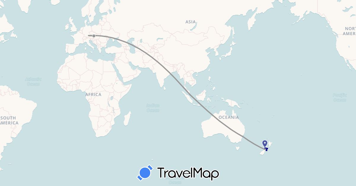 TravelMap itinerary: driving, plane in Austria, Australia, Germany, New Zealand, Singapore (Asia, Europe, Oceania)